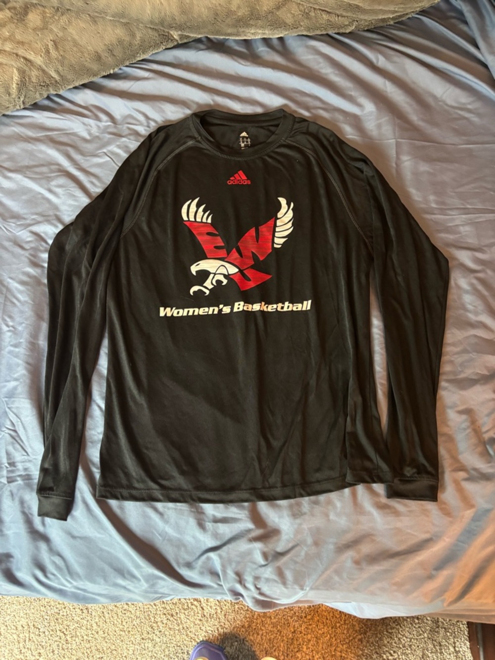 adidas Black Long SleeveEWU Women's Basketball Tee with Red and White Eagle Logo